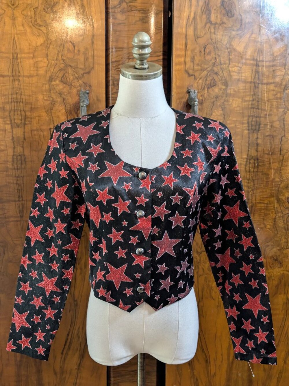 Vintage Banjo Dallas TX Western Cropped Jacket M Red Sparkly Star Festive